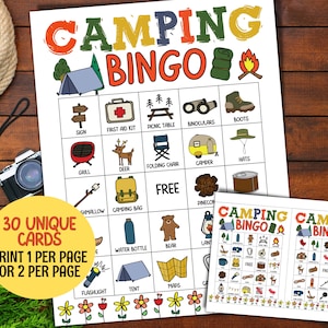 30 cartes de bingo de camping, jeu imprimable, jeu de camping amusant, activité de camp d'été, jeux de camping pour fête d'anniversaire, activités de camping pour enfants