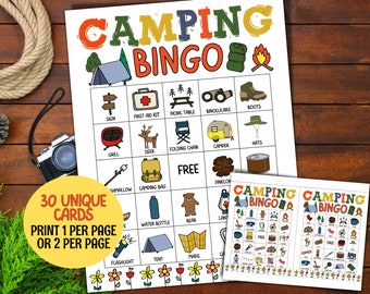 30 Camping Bingo CardsPrintable Game, Fun Camping Game, Summer Camp Activity, Camping Birthday Party Games, Campground Activities for Kids