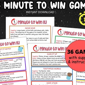 Minute To Win It Games, Fun One Minute To Win Party Games For Kids Adults, Family Night Games, Indoor Birthday Games, 1 Minute Challenges