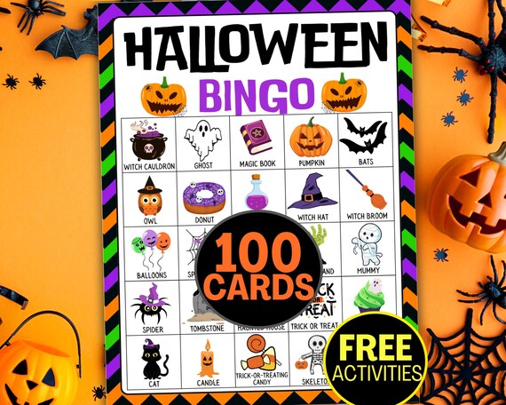 Halloween Bingo, Halloween Games For Kids Adults Halloween Party Game, Halloween Activities, Work/ Class Party, Kids Party Games, 100 Cards