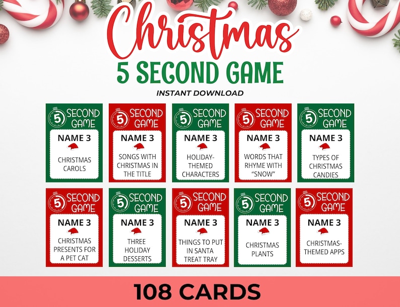 Pu&ograve; includere: Un set di 108 carte da gioco a tema natalizio con sfondi rossi e verdi. Ogni carta ha un'icona del timer di 5 secondi e le parole "Second Game". Le carte presentano vari prompt a tema natalizio per un gioco divertente.
