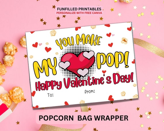 Printable popcorn valentine non candy valentines Classroom valentines DIY  print Pop corn bags wrap easy valentine's day gift for kids