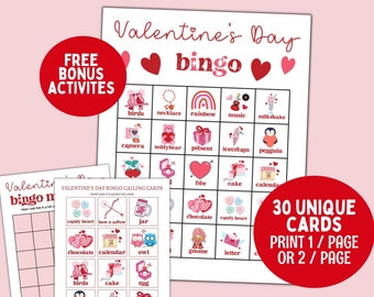 30 Valentines Day Bingo Game Cards, Printable Valentines Bingo, Valentine Games For Kids, Valentine Party Game, Valentines Classroom Game