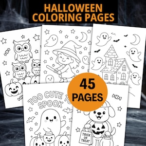 May include: A collection of Halloween coloring pages featuring various spooky illustrations. The pages include images of owls, ghosts, a witch, a haunted house, and a dog in a pumpkin costume. The text on the image says "Halloween Coloring Pages" and "45 Pages".