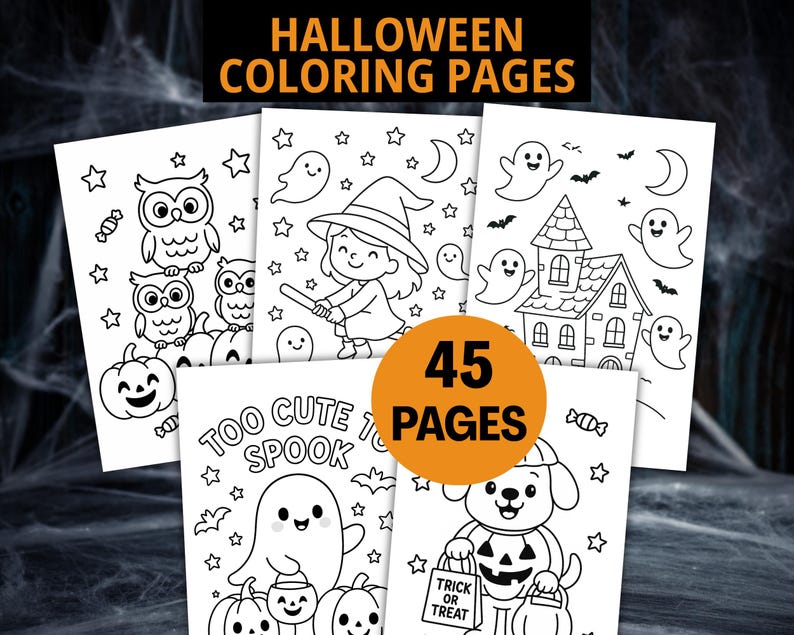 May include: A collection of Halloween coloring pages featuring various spooky illustrations. The pages include images of owls, ghosts, a witch, a haunted house, and a dog in a pumpkin costume. The text on the image says "Halloween Coloring Pages" and "45 Pages".