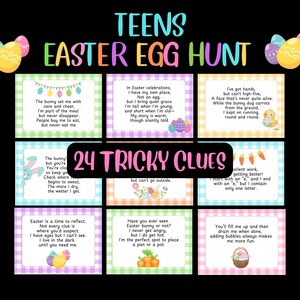 May include: A colorful Easter Egg Hunt game for teens, featuring 24 tricky clues. The design includes pastel-colored eggs, bunnies, and playful text, perfect for a fun Easter activity.