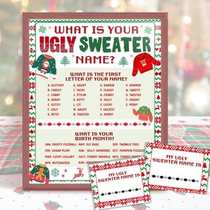 Puede incluir: Un juego de mesa con temática navideña con el texto "WHAT IS YOUR UGLY SWEATER NAME?" y una tarjeta a juego. El tablero presenta un borde rojo y verde con gráficos festivos y una lista de opciones para la generación de nombres.