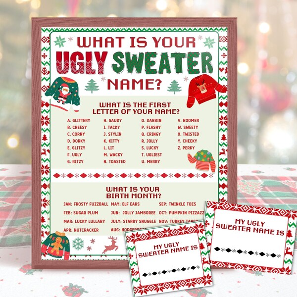 What's Your Ugly Sweater Name Game, Christmas Party Game, Ugly Sweater Party Game, Ugly Christmas Game Kids Adults, Fun Christmas Activity