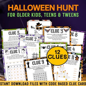 Halloween Scavenger Hunt for Teens Tweens, Indoor Teen Halloween Hunt Activity, Teen Halloween Games Crack the Code Clues Puzzles