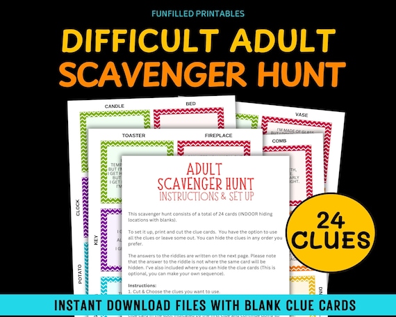 Adult Scavenger Hunt Clues Printable, Tricky Adult Treasure Hunt, Hard Scavenger Hunt Riddles For Adults & Teens, At Home Scavenger Hunt