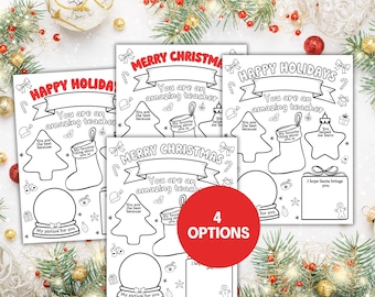 May include: Four black and white printable Christmas cards with the phrases "Happy Holidays" and "Merry Christmas". Each card has space for a picture and a message to a teacher, with festive illustrations.