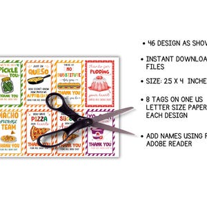 K&ouml;nnte beinhalten: Druckbare Dankesch&ouml;n-Geschenk-Etiketten f&uuml;r Lehrer mit 46 verschiedenen Designs mit Essen-Wortspielen. Die Etiketten sind 2,5 Zoll mal 4 Zoll gro&szlig; und k&ouml;nnen 8 pro Seite gedruckt werden. Die Designs beinhalten "Just in Queso", "No Substitute for You", "Thanks for Pudding", "We're in a Pickle Without You", "Nacho Average Team", "You Have Pizza Our Hearts", "A Slice You", and "You're the Best" mit einer Vielzahl von Essen-Illustrationen.