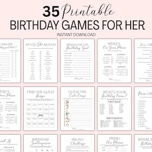 Op de afbeelding: Een verzameling van 35 afdrukbare verjaardagsspellen voor haar, met verschillende spelformaten. De tekst bevat speltitels zoals "Wie kent de jarige het beste?" en "Zou ze liever?" De spellen zijn direct te downloaden.