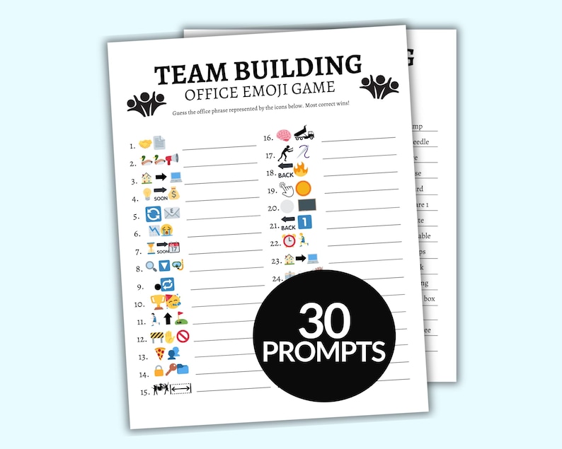 Pu&ograve; includere: Un gioco di team building stampabile con 30 prompt. Ogni prompt &egrave; rappresentato da un'emoji. Il gioco &egrave; progettato per aiutare le squadre a lavorare insieme e divertirsi.