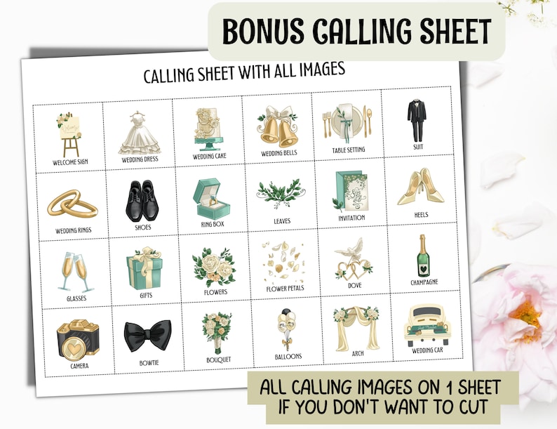 K&ouml;nnte beinhalten: Ein druckbares Hochzeit-Calling-Sheet mit allen Bildern, die f&uuml;r eine Hochzeit ben&ouml;tigt werden. Das Blatt enth&auml;lt Bilder von einem Brautkleid, einer Hochzeitstorte, Hochzeitsglocken, Tischdekoration, Anzug, Eheringen, Schuhen, einer Ringbox, Bl&auml;ttern, einer Einladung, High Heels, Gl&auml;sern, Geschenken, Blumen, Bl&uuml;tenbl&auml;ttern, einer Taube, Champagner, einer Kamera, einer Fliege, einem Blumenstrau&szlig;, Ballons, einem Torbogen und einem Hochzeitsauto.