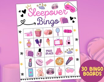 Sleepover bingo, Slumber party bingo, Pajama Party bingo, Slumber Party Games tween teen, Sleepover Party, Birthday party game printable