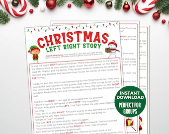May include: Christmas Left Right Story printable game with festive illustrations and text. The game features a snowman and elf graphic, with the words "Christmas Left Right Story" in large, colorful letters. Perfect for group activities.