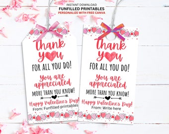 Valentines Thank You Tags, Teacher Valentines Appreciation Tags, Staff Appreciation Valentines Tag, Coworker Team Thank You For All You Do