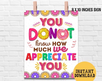 Donut-Anerkennungsschild, Personal-Anerkennungsschild, Lehrer-Anerkennung, Angestellter, Krankenschwester, Donut-druckbares Leckerli-Tischschild-Poster, Danke, PTO