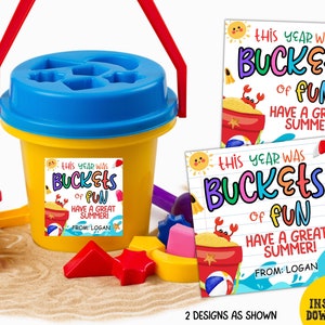 Étiquettes-cadeau d'été seaux amusants de fin d'année scolaire, étiquette-cadeau seau de sable de plage, cadeaux de classe pour enfants, cadeaux de la dernière journée d'école