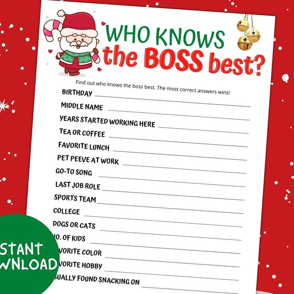Who Knows The Boss Best Holiday Office Party Game Printable, Fun Christmas Work Party Game Coworker, Office Christmas Party games