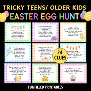 May include: A colorful Easter egg hunt printable with 24 clues for tricky teens and older kids. The design features pastel colors, Easter eggs, and playful illustrations, perfect for a fun Easter activity.