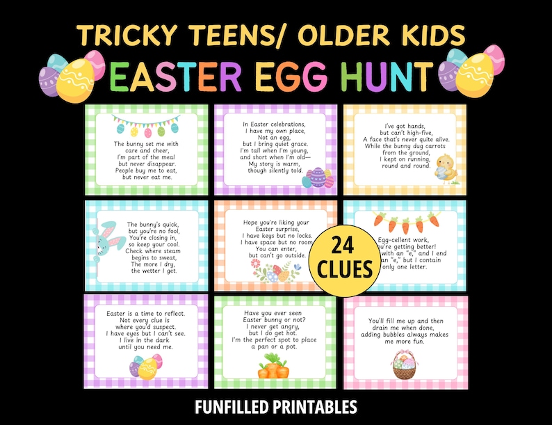 May include: A colorful Easter egg hunt printable with 24 clues for tricky teens and older kids. The design features pastel colors, Easter eggs, and playful illustrations, perfect for a fun Easter activity.