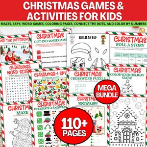 May include: A collection of Christmas-themed activity pages for kids, including mazes, I-Spy, word games, coloring pages, and connect-the-dots. The bundle features over 110 pages of festive fun, with a variety of games and puzzles. The pages are decorated with red and green borders.