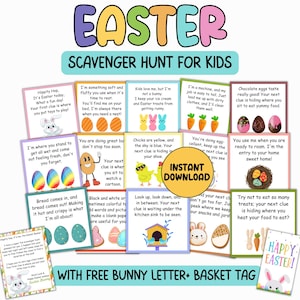 Easter Scavenger Hunt For Kids, Indoor Treasure Hunt, Bunny Letter, Scavenger Hunt Game Clues Printable, Riddles Easter Hunt Kids Activity image 1