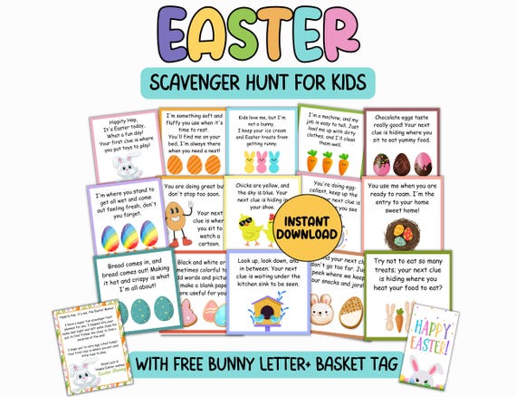 Easter Scavenger Hunt For Kids, Indoor Treasure Hunt, Bunny Letter, Scavenger Hunt Game Clues Printable, Riddles Easter Hunt Kids Activity