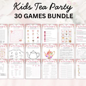 Puede incluir: Un conjunto de 30 juegos imprimibles para fiestas de té para niños, con diseños florales. Los juegos incluyen títulos como "Búsqueda de palabras", "El laberinto del té" y "Juego de memoria". Las palabras "Kids Tea Party" y "30 Games Bundle" se muestran en la parte superior.