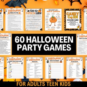 May include: A collection of 60 Halloween party games for adults, teens, and kids. The games include trivia, guessing games, and emoji pictionary. The game cards are white with orange and black Halloween-themed graphics.