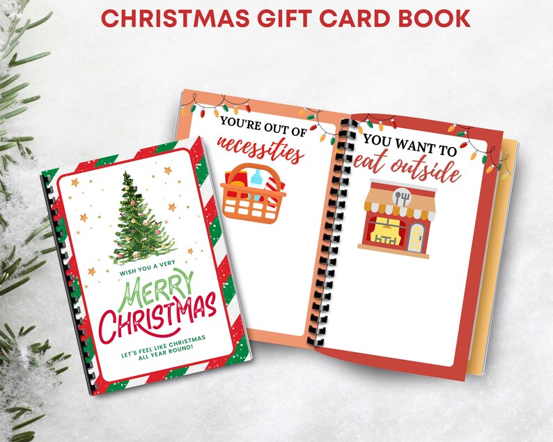 Puede incluir: Un libro de tarjetas de regalo de Navidad con tres p&aacute;ginas abiertas. La portada presenta un &aacute;rbol de Navidad y las palabras "Merry Christmas". Otras p&aacute;ginas tienen ilustraciones y frases como "You're out of necessities" y "You want to eat outside."