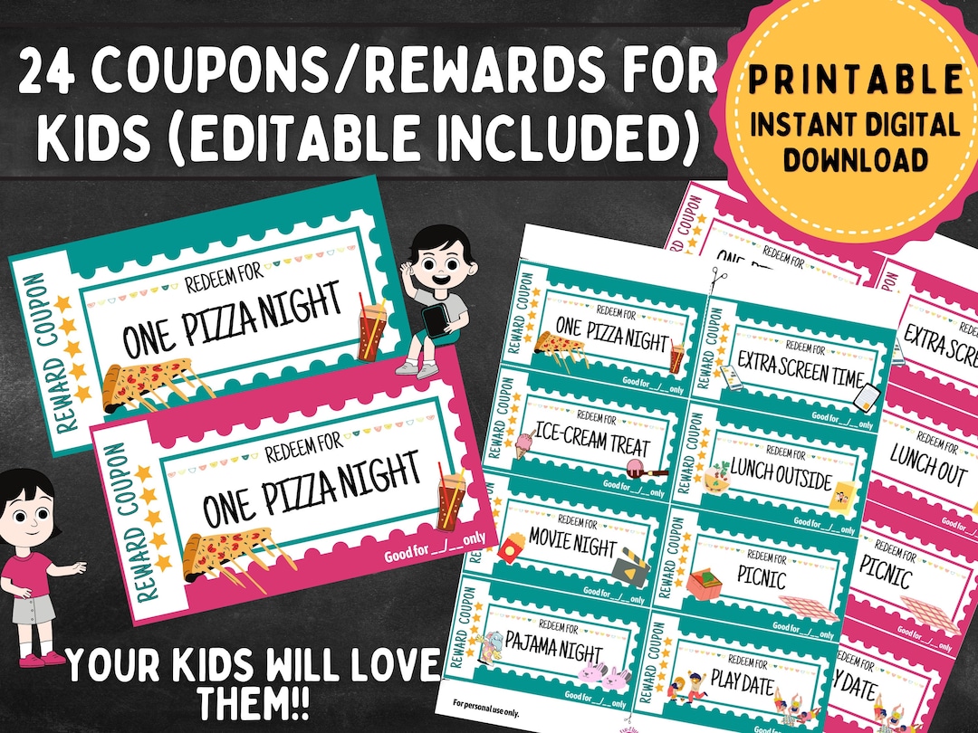 Kids Reward Coupons Editable Printable Rewards for Kids Cute - Etsy