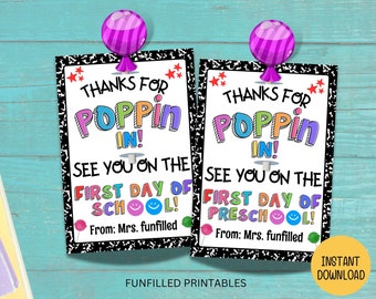 Thanks for Popping In Tag, Meet The Teacher Student Gift Tag, Lollipop Tag, Open House Gift, Back To School Student Welcome Gift, Candy Gift