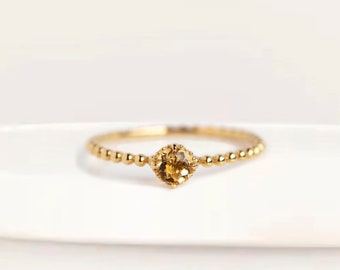 10K Solid Gold Elegant Thin Band Ring, Solitaire Yellow Citrine Ring, 10K Gold Ring, Solid Gold Citrine Stone Ring, Gold Birthstone jewelry