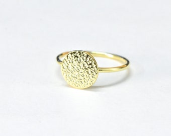 10K Gold Ring, Texture Boho Gold Ring, Round Gold Ring, Handmade Gold Ring, Hammered Disc Ring, Disc Ring, Gold Circle Ring, Christmas Gifts