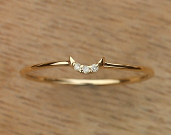 Crescent Moon Ring, Moissanite Ring, Half Moon Ring, 10k Solid Gold, Dainty Ring, Gold Moon Ring, Celestial Ring, Christmas Gift for Her