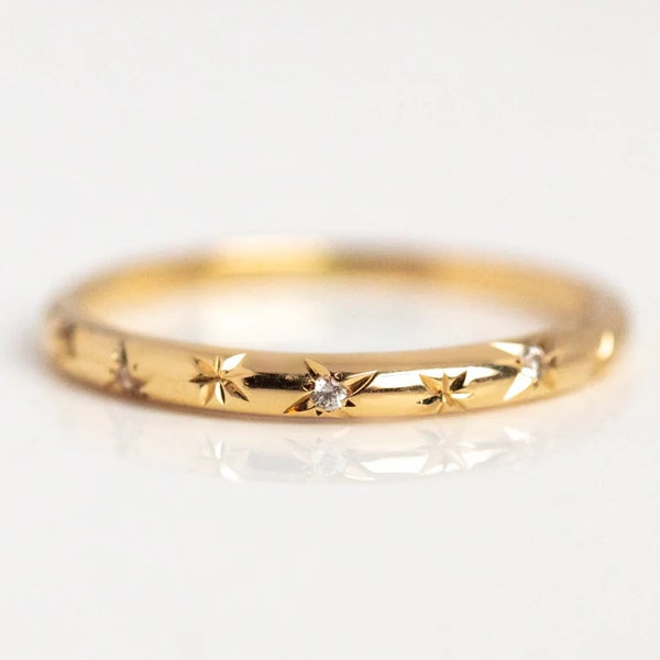 10K Solid Gold Stary Studded Thin Band Dainty Ring Inset Moissanite Ring Handmade Stacking Statement Ring Gemstone Eternity Women Ring