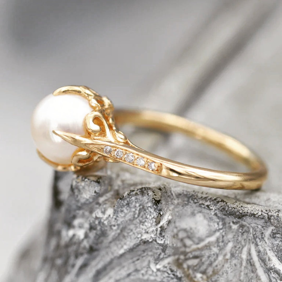Akoya Pearl Engagement Ring 10K Gold Art Deco Wedding Band Women