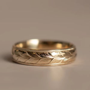 10k Gold Leaf Wedding Band, Solid Gold Wedding Band, Men Women Minimalist Gold Ring, His Her Floral Wedding Band, Unique Wedding Band