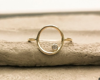 Open Circle Ring, Moissanite Diamond Karma Ring, Solo Ring, Dainty Thin Gold Ring, Delicate Ring, Big Circle Ring, Minimal Geometric Ring