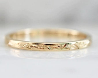 10k Solid Gold Leaf Engraved Ring | Vintage Style Wedding Band Women| Minimalist Eternal Garden Engraved Gold Band | Wedding Ring Real Gold