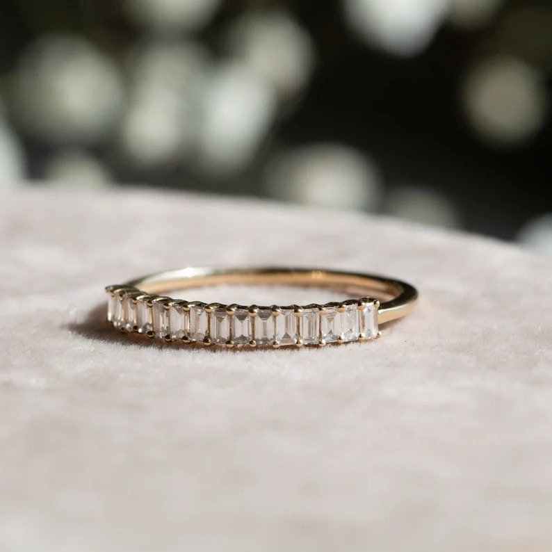 Baguette Diamond Ring, 10K Gold Ring, Half Eternity Baguette Diamond Wedding Band, Moissanite Ring, Stacking Ring, Birthday Ring image 3