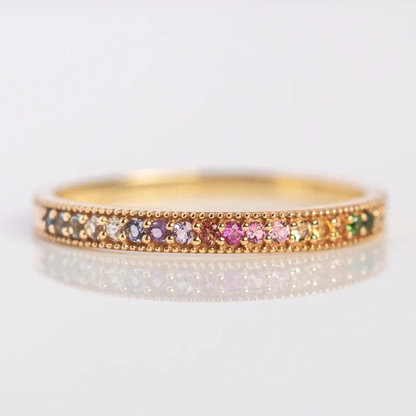 Multi Gemstone Eternity Stacking Band, 10K Yellow Gold Matching Wedding Band Elegant Handmade Women Jewelry Unique Statement Gift For Girls