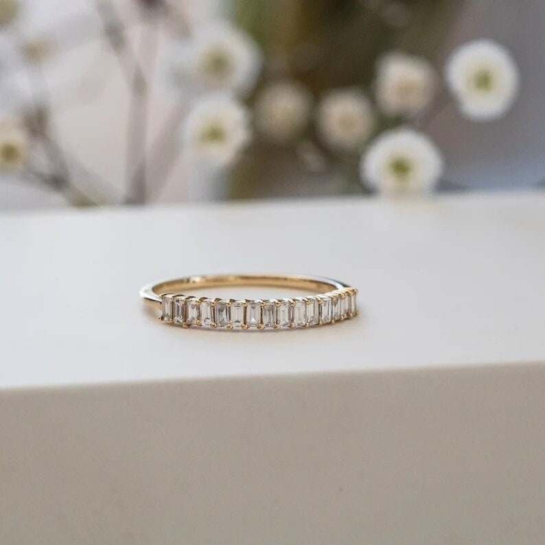 Baguette Diamond Ring, 10K Gold Ring, Half Eternity Baguette Diamond Wedding Band, Moissanite Ring, Stacking Ring, Birthday Ring image 1