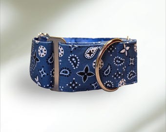 Martingale Dog Collar, Paisley and Stars on Blue Background,  2"  1.5" or 1" Wide