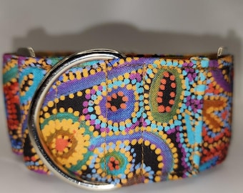 Martingale Dog Collars, Aboriginal Indigenous,  Emu Dreaming Coloured,  2" Wide, 1.5"Wide or 1 Inch