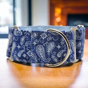Martingale Dog Collar, White Paisley on Blue Background,  2"  1.5" or 1" Wide