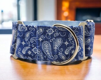 Martingale Dog Collar, White Paisley on Blue Background,  2"  1.5" or 1" Wide
